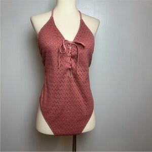 Hollister One Piece Boho Swimsuit Crochet Lace Up Salmon Pink NWT Size M
